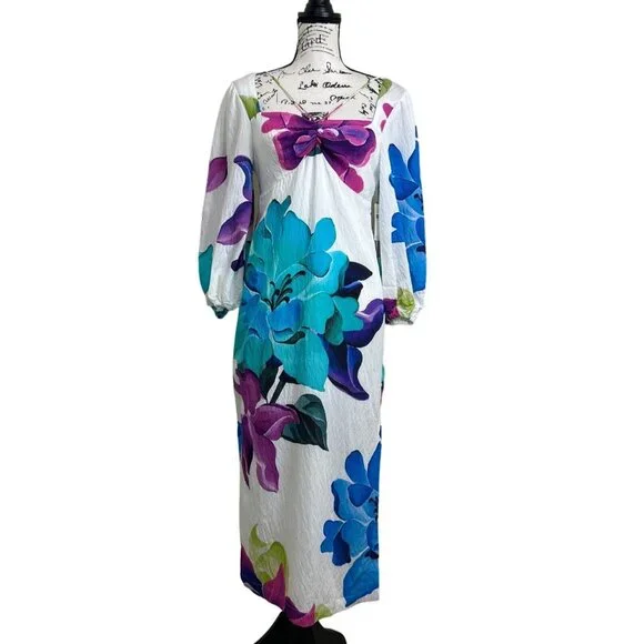 Maeve Anthropologie Women Size 0 Dress Puff Sleeve White Purple Blue Floral NEW - Picture 1 of 10